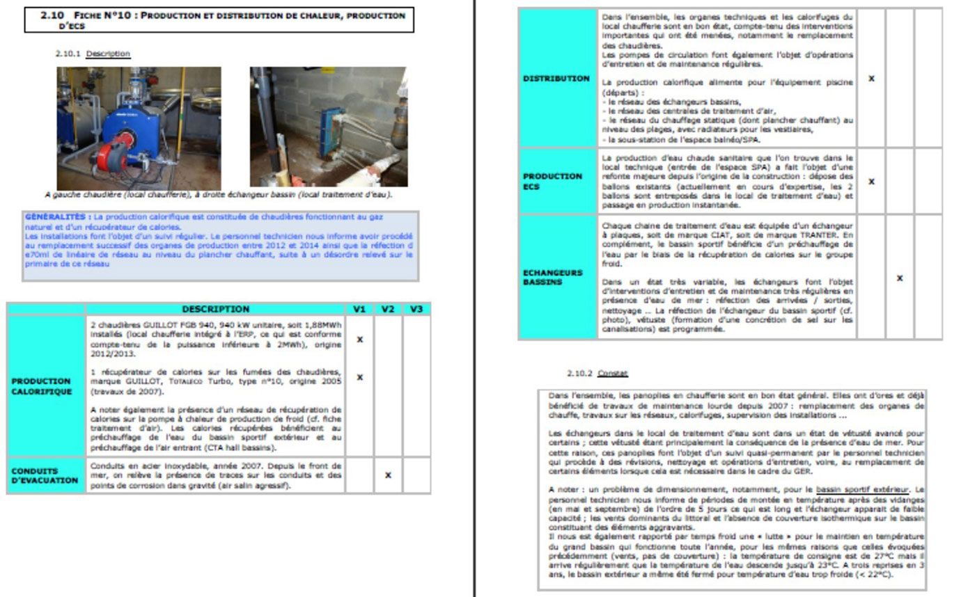 Exemple de fiche diagnostic : production de chaleur piscine les Bains - ProPolis (sur modèle fiche Mission H2O)